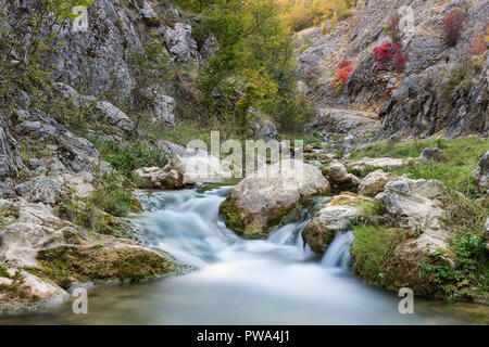 Una lunga esposizione mountain creek in un canyon e i colori autunnali Foto Stock