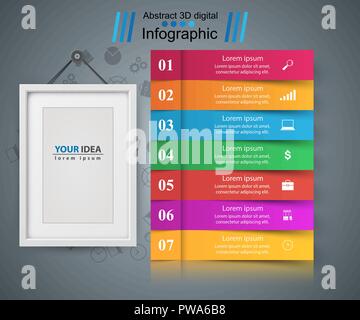 Telaio, carta infografico business. Sette elementi. Illustrazione Vettoriale