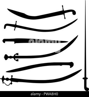 Set di oriente sciabole, coltello, spada contorno isolato nero Illustrazione Vettoriale