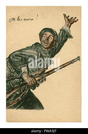 Vecchia propaganda francese cartolina: un uomo coraggioso con un fucile per chiedere a lui di fronte. Poster di reclutamento. I guerra mondiale 1914-1918, Francia, Entente. Foto Stock