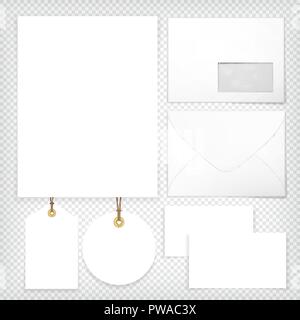 Busta vuota fronte posteriore, finestra trasparente, carta di formato A4, business card template, round tag vendita mockup. Graphic design elemento. Corporate identity, negozi vendita flyer di invito. Illustrazione Vettoriale Illustrazione Vettoriale