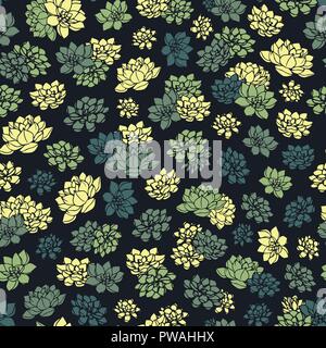 Colorati disegnati a mano vector succulente modello senza cuciture in colori verdi su sfondo nero. Design floreale. Illustrazione Vettoriale