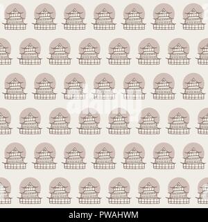 Vector disegnati a mano modello senza cuciture con templi giapponesi contorni su sfondo beige. Architettura asiatica. Illustrazione Vettoriale