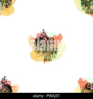 Modello senza giunture di mano il bozzetto di stile con elefante indiano un uomo seduto su di esso isolato su sfondo bianco. Illustrazione Vettoriale. Illustrazione Vettoriale