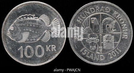 100 kronur coin, ciclottero, Cyclopterus lumpus, Islanda, 2011 Foto Stock