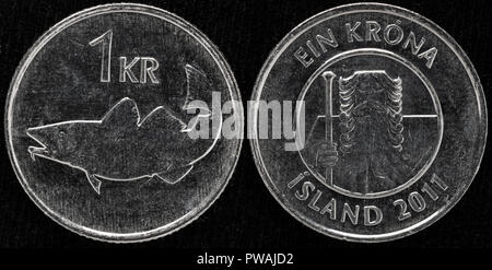 1 krona coin, Atlantico, Merluzzo Gadus morhua, Islanda, 2011 Foto Stock