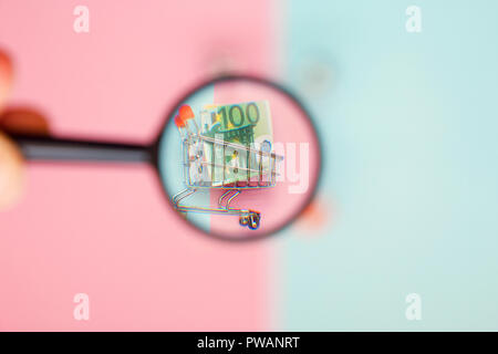 Euro denaro nel carrello della spesa e la carta di credito blu su sfondo rosa con spazio copia in miniatura. Foto Stock