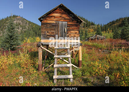 Bastioni House, Yukon Territory, Canada/Alaska. Piccola baita in legno con scaletta per nascondere cibo lontano dagli orsi. Foto Stock