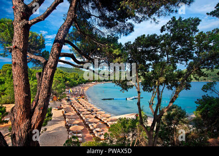 Famosa in tutto il mondo la spiaggia Koukounaries, isola Skiathos, Sporadi settentrionali, Magnessia, Tessaglia, Grecia. Foto Stock