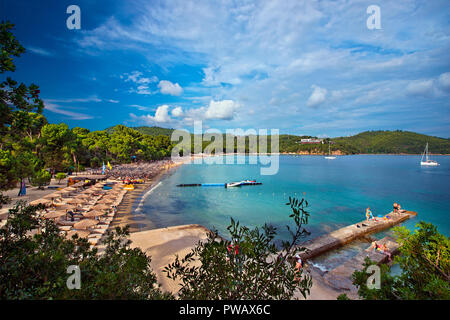 Famosa in tutto il mondo la spiaggia Koukounaries, isola Skiathos, Sporadi settentrionali, Magnessia, Tessaglia, Grecia. Foto Stock