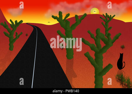 Strada nel deserto del fumetto. Rosso tramonto o l'alba, verde cactus e gatto nero Foto Stock