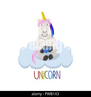 Unicorn seduta sul cloud con una tazza di tè. Magia creatura con capelli colorati beve caffè seduti sul cloud. Illustrazione Vettoriale