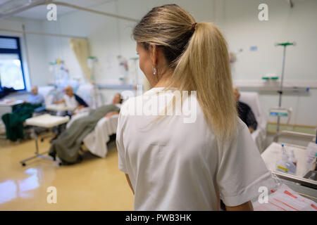 Vista posteriore di una femmina di infermiera in un ospedale infermeria piena di pazienti Foto Stock