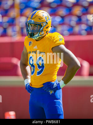 Santa Clara, CA. Xiii oct, 2018. San Jose State Spartans stretto fine Josh Oliver (89) si riscalda prima di NCAA Football gioco tra il San Jose State spartani ed esercito cavalieri neri a Levi's Stadium di Santa Clara, CA. Esercito sconfitto San Jose 52-3. Damon Tarver/Cal Sport Media/Alamy Live News Foto Stock