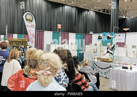 Cleveland, Ohio, Stati Uniti d'America, 14 ott 2018. Una folla in cattività orologi anello 15 concorrenza al 2018 Cat Fanciers' Association International Cat Show. Provviste di pedigree gatti provenienti da Europa, Asia e Stati Uniti competere al più grande spettacolo del suo tipo in noi il disegno fino a 1.000 gatti con fino a 41 razze. Credito: Mark Kanning/Alamy Live News. Foto Stock