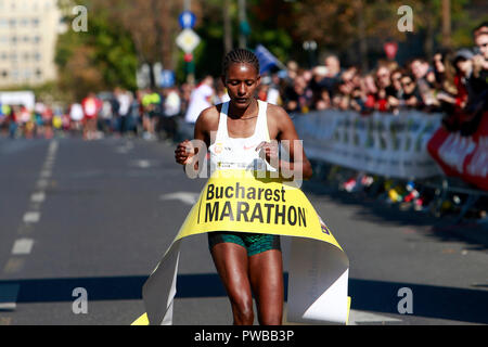 Bucarest, Romania. Xiv oct, 2018. La Almaz Gerala Erba di Etiopia celebra il vincitore internazionale di Bucarest Gara marathon di Bucarest, la capitale della Romania, il 14 ottobre 2018. Credito: Cristian Cristel/Xinhua/Alamy Live News Foto Stock