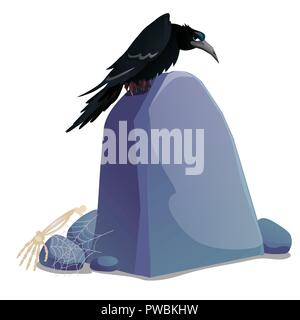 Corvo nero seduto sulla tomba di pietra con piastra di superficie vuota e lo spazio per il tuo testo isolato su sfondo bianco. Schizzo per poster o carta per le vacanze di tutti gli spiriti malvagi Halloween. Vector cartoon. Illustrazione Vettoriale