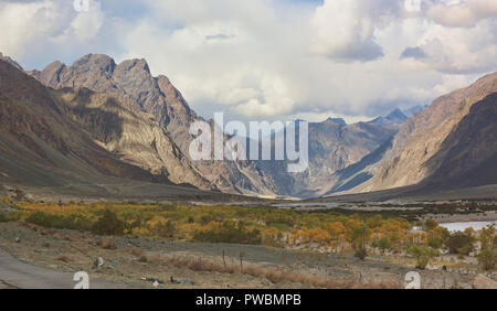 I colori dell'autunno in Karakorum Montagne, Hundar, Valle di Nubra, Ladakh, India Foto Stock