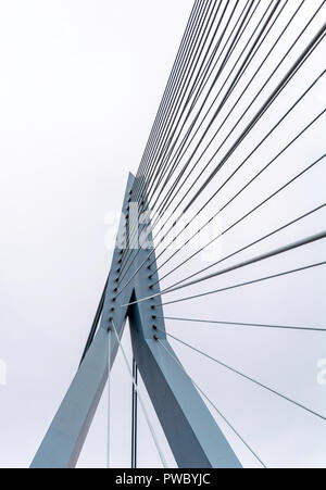 Blu pallido pilone e i cavi del ponte Erasmusbrug contro il cielo nuvoloso. È cavo combinato-alloggiato e ponte a bilico nel centro di Rotterdam. Foto Stock