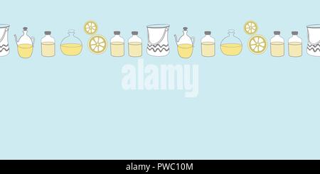 Bottiglie di vaso da olio e limone-Spa nel paese. Bordo orizzontale Schema di ripetizione Illustrazione Vettoriale