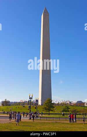 Il Monumento a Washington è circondato da alberi di fogliame di autunno a Washington DC, Stati Uniti d'America. Locali di Washington si radunano vicino al Monumento Nazionale per il tramonto ora. Foto Stock