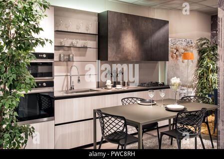 Elegante e moderna cucina attrezzata con zona pranzo e montato in bianco e nero armadi e gli elettrodomestici in uno spazioso open plan room con vasi di foglia verde Foto Stock