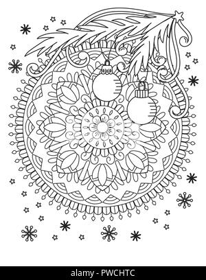 Natale Mandala Coloring page. Adulto libro da colorare. Holiday decore, sfere e il simbolo del fiocco di neve. Disegnata a mano illustrazione vettoriale. Illustrazione Vettoriale