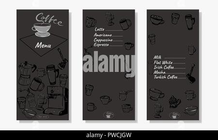 Menu di caffè illustrazione vettoriale. Menu di bevande per coffee shop. Flayers con tazzine, tazze e bicchieri per caffè. Illustrazione Vettoriale