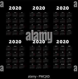 Set di 2020 anno semplice calendari verticale su diverse lingue come inglese, russo, tedesco, francese, spagnolo e cinese sul buio Illustrazione Vettoriale