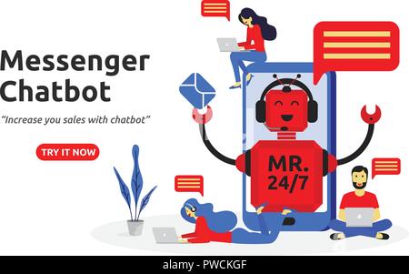 Messenger chatbot concetto moderno design piatto. assistente virtuale servizio. illustrazione vettoriale Illustrazione Vettoriale