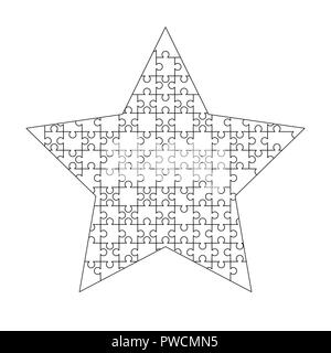 White pezzi di puzzle disposte in una forma a stella. Puzzle template pronti per la stampa. Linee guida di taglio su bianco Illustrazione Vettoriale