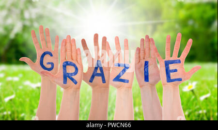 Molte mani edificio Grazie significa Grazie, soleggiato Prato Prato Foto Stock