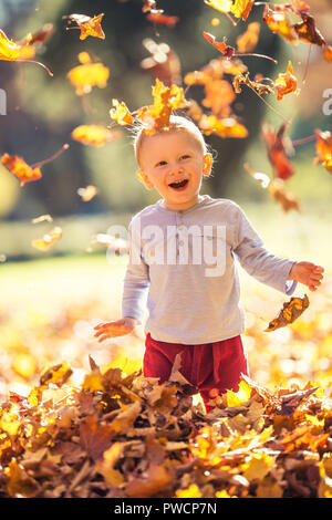 Poco hapy kid boy in autunno park a giocare con le foglie. Foto Stock