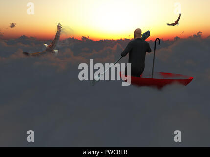 Il surrealismo. Uomo in un vestito con paddle galleggianti in rosso ombrello in nubi. Eagle vola in cielo. Foto Stock