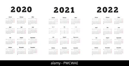 Set di formato A4 verticale calendari semplice in tedesco a 2020, 2021, 2022 anni su bianco Illustrazione Vettoriale