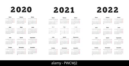 Set di formato A4 verticale calendari semplice in spagnolo a 2020, 2021, 2022 anni su bianco Illustrazione Vettoriale