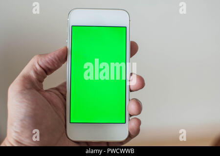 Giovane uomo in possesso di una smart phone con schermo verde Foto Stock