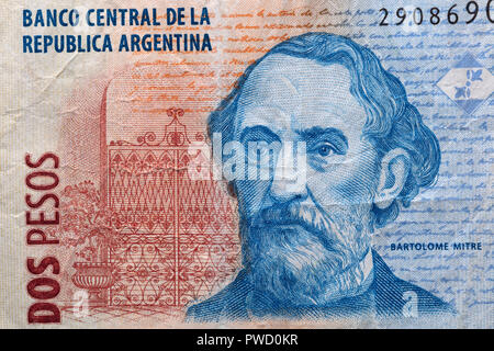 Ritratto di Bartolome Mitre da 2 pesos banconota, Argentina Foto Stock