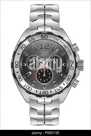 Realistico orologio orologio cronografo grigio scuro dial design per gli uomini di moda su sfondo bianco illustrazione vettoriale. Illustrazione Vettoriale