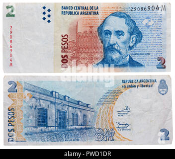 2 pesos banconota, Bartolomé Mitre, Museo Mitre, Argentina Foto Stock