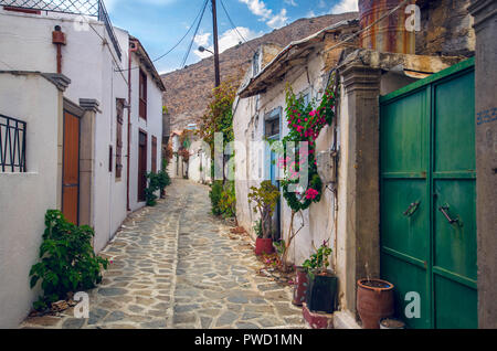 Bellissima vista panoramica stretto vicolo con case tradizionali fiori colorati e strada di ciottoli in un villaggio di creta. Foto Stock