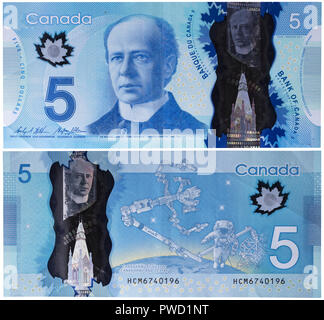 5 dollari banconota, Wilfrid Laurier, Canada, 2013 Foto Stock