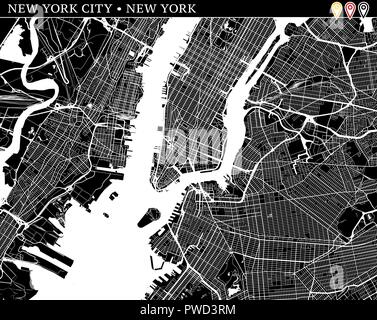 Mappa semplice della città di New York, New York, Stati Uniti d'America. Versione in bianco e nero per pulire gli sfondi e le stampe. Questa mappa della città di New York contiene tre marcatori Illustrazione Vettoriale