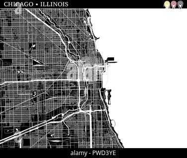 Mappa semplice di Chicago, Illinois, Stati Uniti d'America. Versione in bianco e nero per pulire gli sfondi e le stampe. Questa mappa di Chicago contiene tre marcatori che sono gro Illustrazione Vettoriale