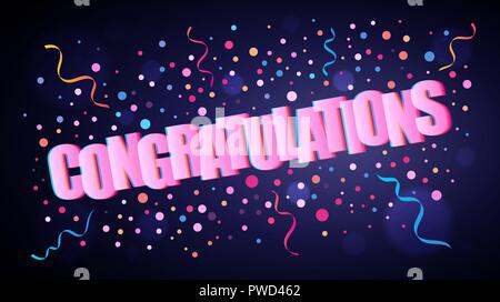 Congratulazioni festosa di sovrapposizione di scritte con colorati round coriandoli sopra di viola scuro sfondo per la progettazione grafica e web Illustrazione Vettoriale