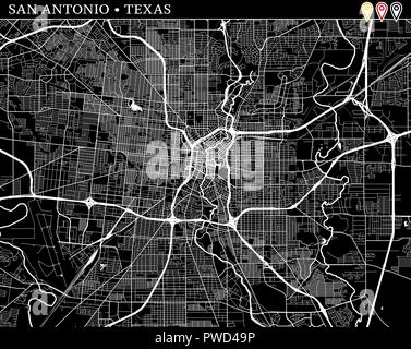 Mappa semplice di San Antonio, Texas, Stati Uniti d'America. Versione in bianco e nero per pulire gli sfondi e le stampe. Questa mappa di San Antonio contiene tre marcatori che ar Illustrazione Vettoriale