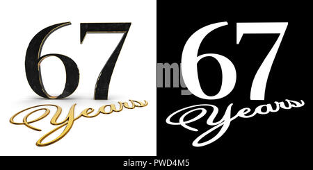 Numero aureo sessanta sette (numero 67) e l'iscrizione anni con ombra e canale alfa. 3D'illustrazione. Foto Stock