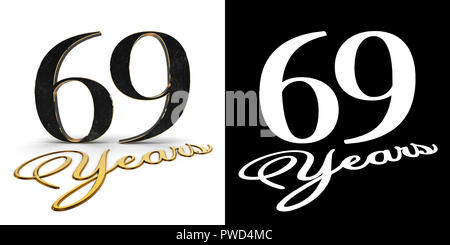 Numero aureo sessanta nove (numero 69) e l'iscrizione anni con ombra e canale alfa. 3D'illustrazione. Foto Stock