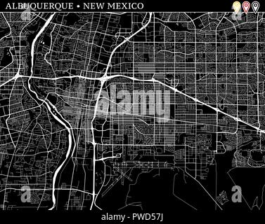 Mappa semplice di Albuquerque, Nuovo Messico, Stati Uniti d'America. Versione in bianco e nero per pulire gli sfondi e le stampe. Questa mappa di Albuquerque contiene tre marcatori w Illustrazione Vettoriale