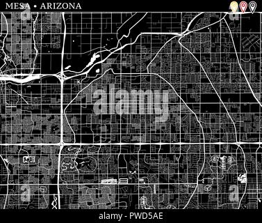 Mappa semplice della Mesa, Arizona, Stati Uniti. Versione in bianco e nero per pulire gli sfondi e le stampe. Questa mappa di Mesa contiene tre marcatori che vengono raggruppati in un Illustrazione Vettoriale